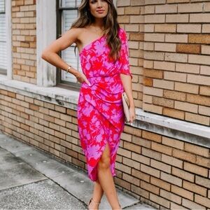 DO+BE One-Shoulder Hot Pink Floral Wrap Midi Dress